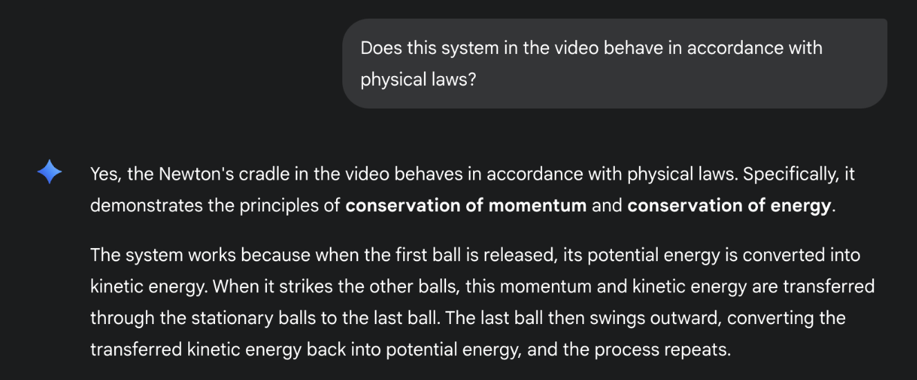 Gemini's response about the Newton's cradle video